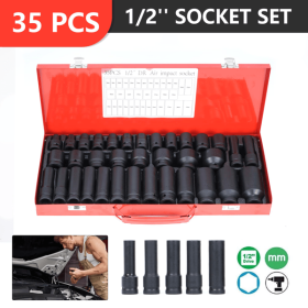 35PC 1/2-Inch Impact Socket Set 6 Point Metric Size 8-32mm,Drive Deep Spindle Axle Nut Impact Socket Set,with Portable Case, Red